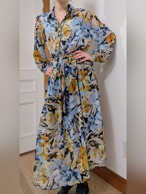 Button-Front Floral Midi Dress in Blue and Yellow